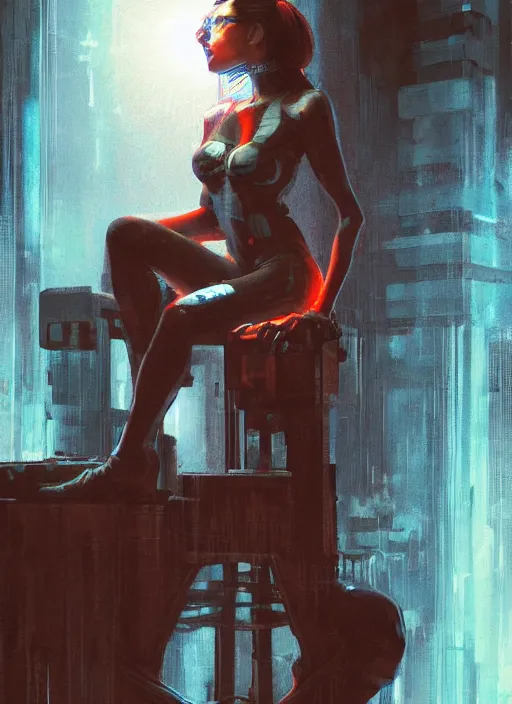 Prompt: An epic fantastic realism graphic novel cover style painting of a beautiful girl sitting on a stool in a dark room with laser light, cyberpunk, dynamic lighting by Paolo Eleuteri Serpieri