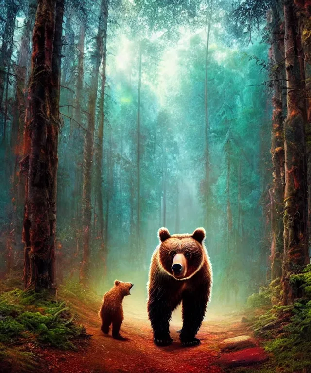 Image similar to a realistic brown bear, walking through a psychedelic forest, wide angle landscape shot, pixar style by tristan eaton, artgerm and tom bagshaw