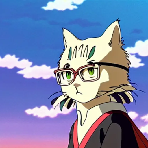 Image similar to anime key visual of hayao miyazaki studio ghibli, short - hair tabby cat wearing samurai armor