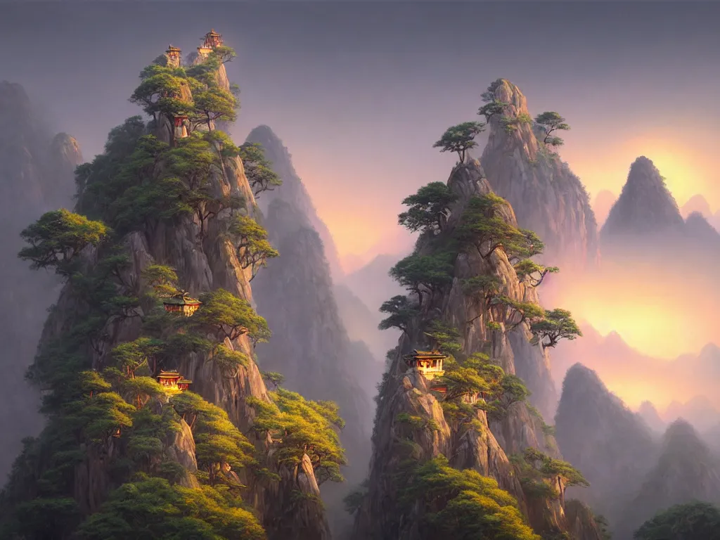 Prompt: the beautiful mountainous landscape of huangshan with majestic buddisht temples on hilltops on a rainy day during sunset by gediminas pranckevicius, federico pelat, andreas rocha, greg rutkowski, artstation
