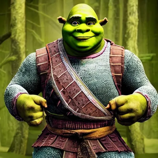 Prompt: photo of shrek using samurai armor