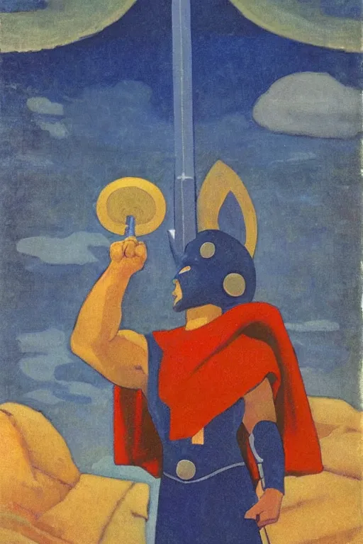 Image similar to thor holding the hammer, marvel, artwork by nicholas roerich,