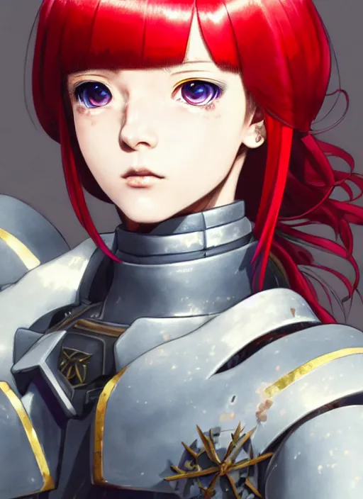 Image similar to portrait of Anime sister of battle, Warhammer 40000, cute-fine-face, red-short-hair pretty face, realistic shaded Perfect face, fine details. Anime. realistic shaded lighting by Ilya Kuvshinov katsuhiro otomo ghost-in-the-shell, magali villeneuve, artgerm, rutkowski, WLOP Jeremy Lipkin and Giuseppe Dangelico Pino and Michael Garmash and Rob Rey and Gustav Klimt