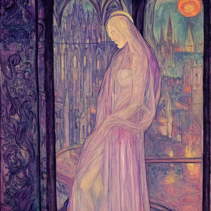 Image similar to woman in transparent vaporous night gown with demonic luminescent white apparition, with city with gothic cathedral seen from a window frame with curtains. night, vivid iridescent psychedelic colors, lamps. fra angelico, munch, egon schiele, henri de toulouse - lautrec, utamaro, monet, agnes pelton