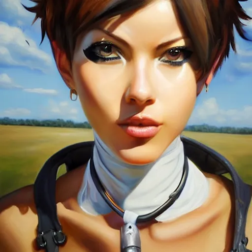 Image similar to oil painting of tracer overwatch in a field, in style of mark arian, expressive face, very detailed face, wearing large steel choker, very detailed eyes, full body, feminine face, detailed makeup on eyes,