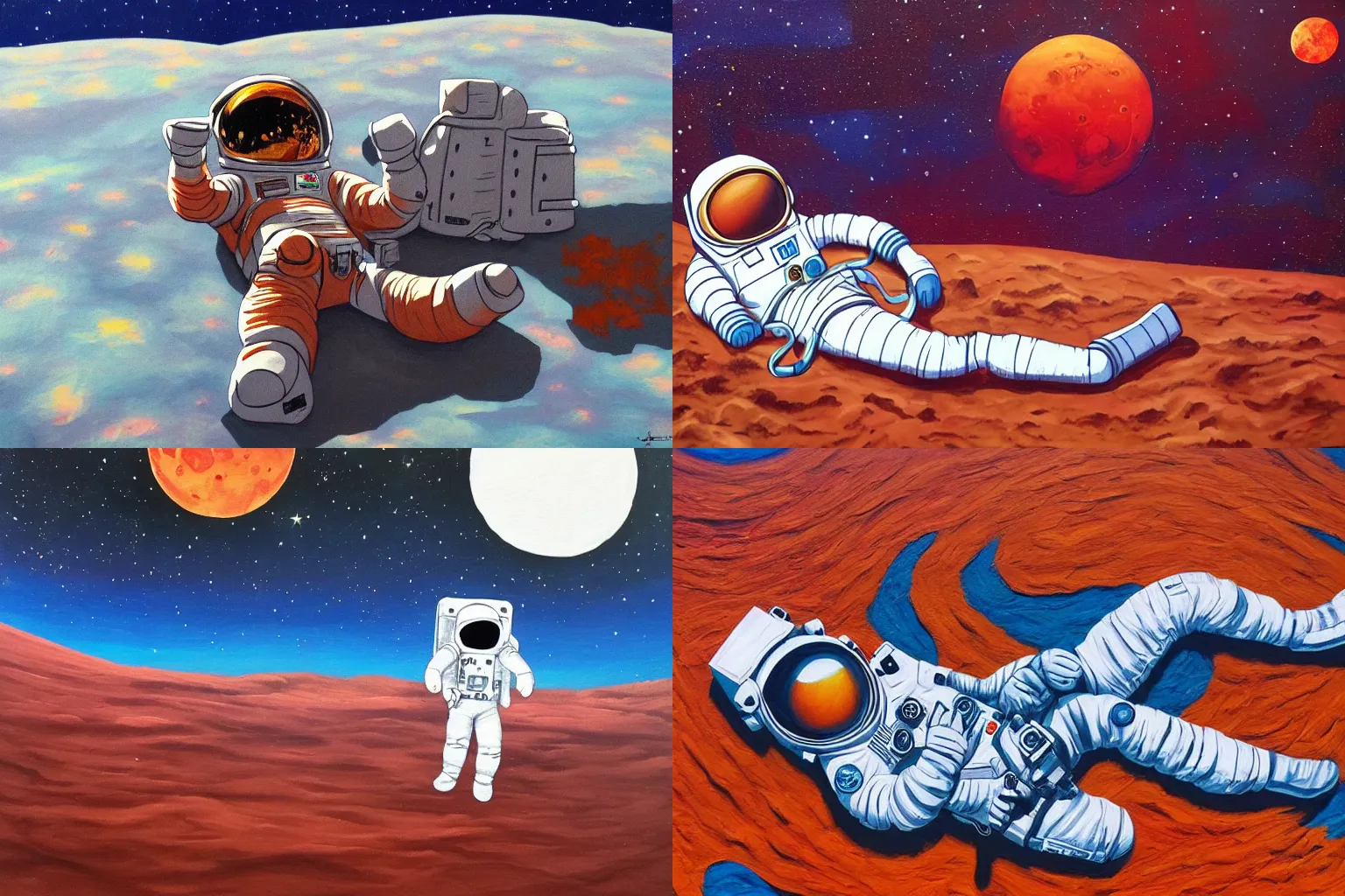 Image similar to an astronaut laying on mars in the style of flooko, acrylic art, detailed, moonlight