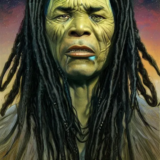 Image similar to Maori Tlingit Klingon with forehead crest and dreadlocks, alien bestiary by Greg Rutkowski, Wayne Barlowe, and Alphonse Mucha