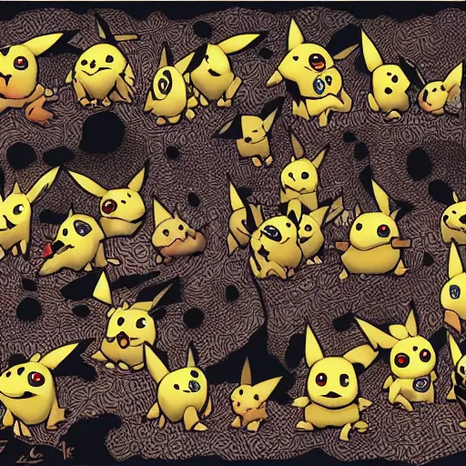 Prompt: 9 pikachu in the desert, torment, suffering, drawn by junji ito, digital art, horror, trending on artstation, fine details, intricate, highly detailed