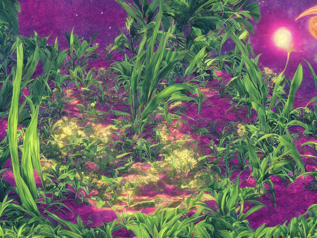 Image similar to sunlight study, the universe is a spheroid region 7 0 5 meters in diameter of kauai wildflower undergrowth, art nouveau, by maria sibylla merian and ( ( ( ( ( lisa frank ) ) ) ) ), 8 k, sharp focus, octane render