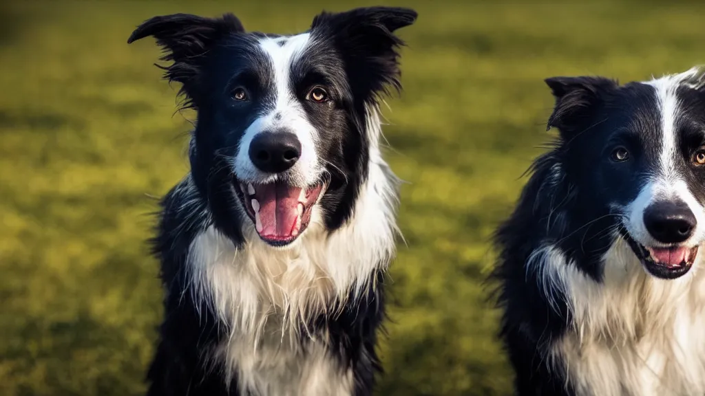 Image similar to Border Collie, splash art, movie still, cinematic lighting, dramatic, octane render, long lens, shallow depth of field, bokeh, anamorphic lens flare, 8k, hyper detailed, 35mm film grain