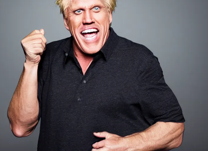 Image similar to studio portrait photo still of gary busey!!!!!!!! at age 5 3 years old 5 3 years of age!!!!!!! screaming at a desktop computer, 8 k, 8 5 mm f 1. 8, studio lighting, rim light, right side key light