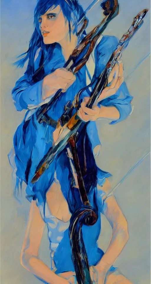 Prompt: portrait of a teenage rocker girl from the 9 0 s, blue hair, blue eyes, wielding a staff, in the style of joaquin sorolla, bill sienkiwicz, syd mead, atmospheric, detailed