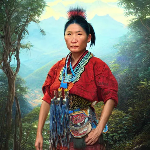 Image similar to portrait of an atayal woman ( 3 5 ) from taiwan in 2 0 2 1, an oil painting by ross tran and thomas kincade