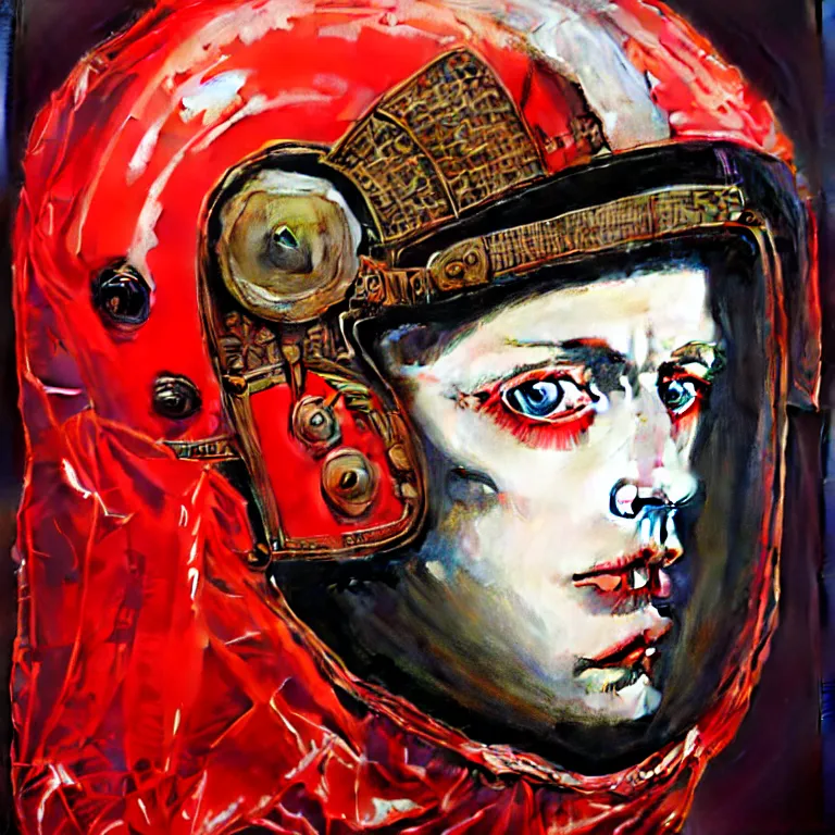 Image similar to portrait of a third reich soldier in ornate motorcycle dirt helmet in a helmet background red plastic bag, circuitboard,, rich deep colors, ultra detail, by francis bacon, james ginn, petra courtright, jenny saville, gerhard richter, zdzisaw beksinsk, takato yamamoto. masterpiece, elegant fashion studio ighting 3 5 mm