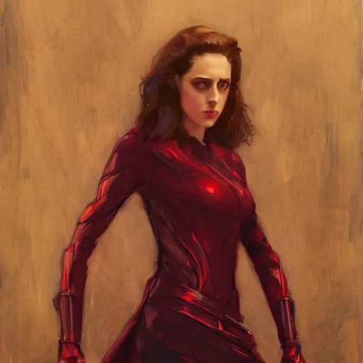 Prompt: alison brie as kristen stewart as iron scarlet witch, intricate, elegant, highly detailed, greg manchess, mucha, liepke, ruan jia, jeffrey catherine jones, ridley scott