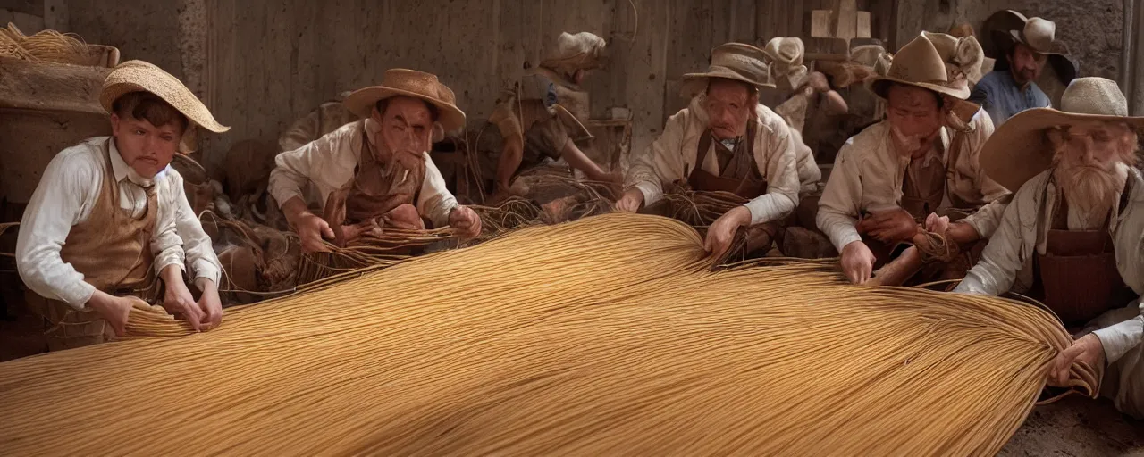 Image similar to harvesting spaghetti during the gold rush, hyper - realistic faces, intricate, sigma 5 0 mm, cinematic lighting, photography, wes anderson, film, kodachrome