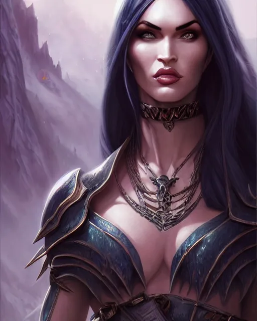 Image similar to megan fox dark elf princess, highly detailed, d & d, fantasy, highly detailed, digital painting, trending on artstation, concept art, sharp focus, illustration, global illumination, shaded, art by artgerm and greg rutkowski and fuji choko and viktoria gavrilenko and hoang lap