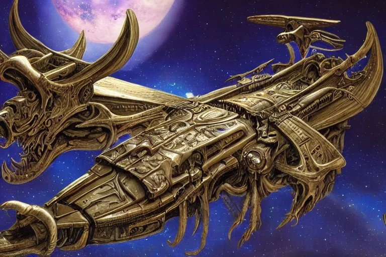 Prompt: baphomet spaceship!!!!! with antler made with porcelain by jeff easley and peter elson, galaxy, gothic, surreal, dread scary spaceship, highly detailed, intricate complexity, epic composition, magical atmosphere, masterpiece, award winning, trending on artstation