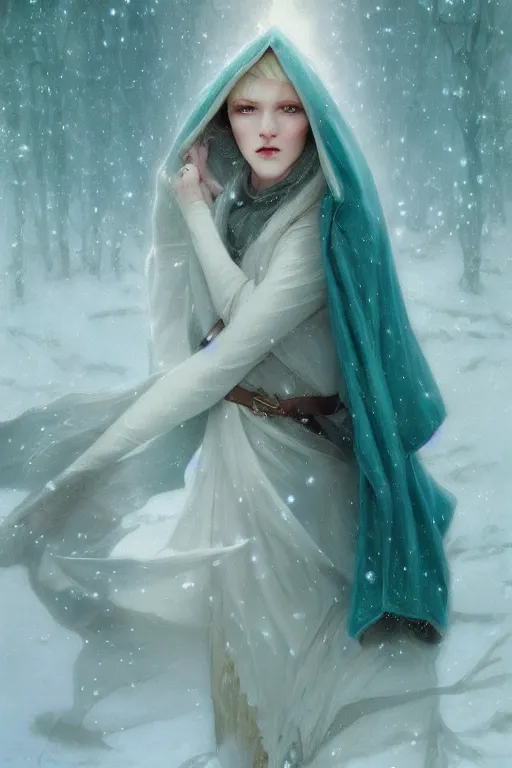 Prompt: portrait of a handsome pointy - eared male snow elf in a turquoise cape, albino skin, androgynous face, mid - shot, moonlight snowing, ethereal opalescent mist, winter vibes, perfect face, elegant, very coherent symmetrical artwork, by greg rutkowski, alphonse mucha, charlie bowater, trending on artstation