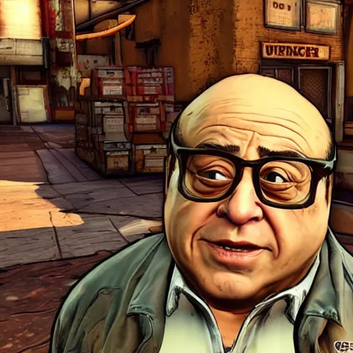 Image similar to a screenshot of danny devito in the video game borderlands 2. 3 d rendering, unreal engine. amazing likeness. very detailed. cartoon caricature