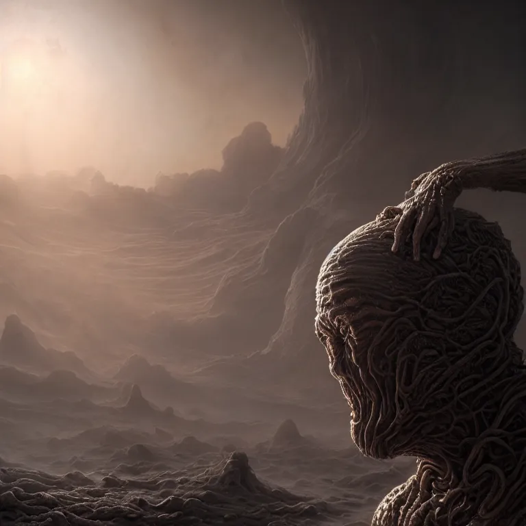 Image similar to portrait of beautiful ribbed melting man in wastelands on white exoplanet, baroque portrait painting, beautiful intricate insanely detailed octane render, artstation, 8 k artistic harsh flash photography, photorealistic, volumetric perfect light, chiaroscuro, raphael, caravaggio, beksinski, rutkowski, giger