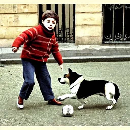 Image similar to a french boy on the streets of paris playing football against a corgi, the dog is wearing a polka dot scarf, book illustration, 1 9 6 6