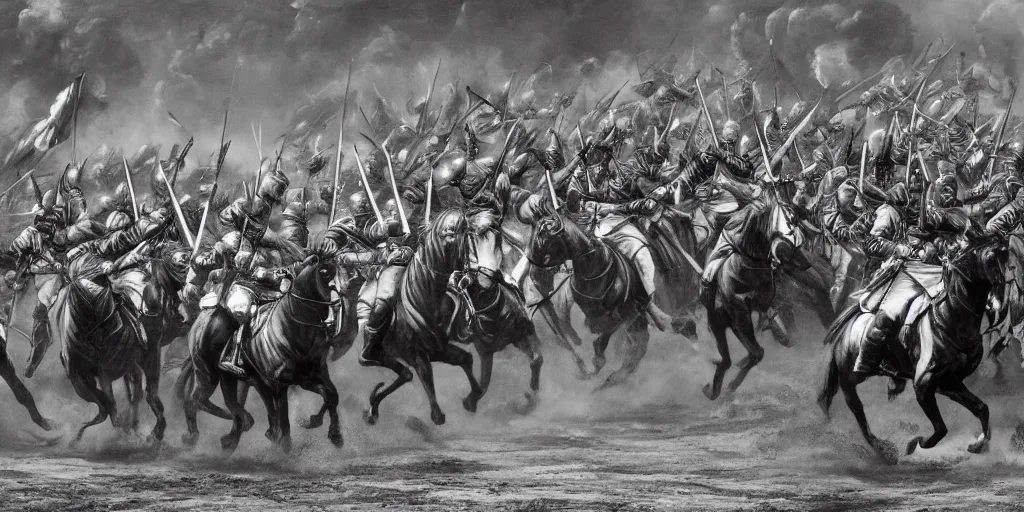 Prompt: army of charles minguses charging into battle, black and white, dramatic