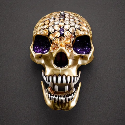 Image similar to opened mouth panther skull with gold teeth and raw gems and crystal inlaid panther skull, exposed in museum, matte black, rose gold, amethyst, high coloration, ambient lightning, focused, highly detailed, 8 k