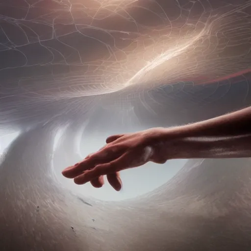 Image similar to hyperrealistic mixed media high resolution image of complex potential flow around a proportionally sized hand reaching up and outward from the flow toward the unknown, particle teleportation, stunning 3d render inspired art by unreal engine and Greg Rutkowski, perfect symmetry, dim volumetric lighting, 8k octane beautifully detailed render, post-processing, extremely hyper-detailed, intricate, epic composition, highly detailed attributes, highly detailed atmosphere, cinematic lighting, masterpiece, trending on artstation, very very detailed, masterpiece, stunning, flawless epidermis,