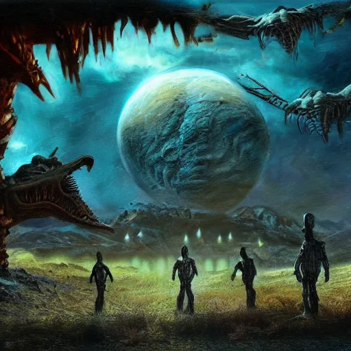 Image similar to aliens on a strange planet, fantasy art, matte painting