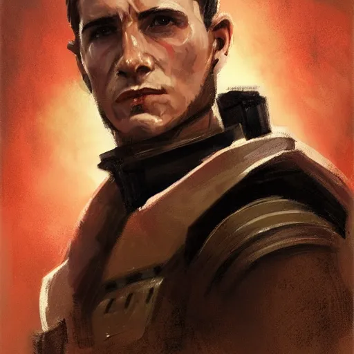 Prompt: portrait of a man by Greg Rutkowski, he is about 30 years old, he has short black hair in military-style, a straight jaw, he has a scar above one eyebrow, he wears Galactic Alliance military fatigues, Star Wars Expanded Universe, highly detailed portrait, digital painting, artstation, concept art, smooth, sharp foccus ilustration, Artstation HQ