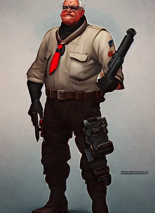 Image similar to a fusion of the heavy from team fortress 2 and bernie sanders, character portrait, cinematic lighting, art by artgerm and tom bagshaw, team fortress character art, socialist mercenary