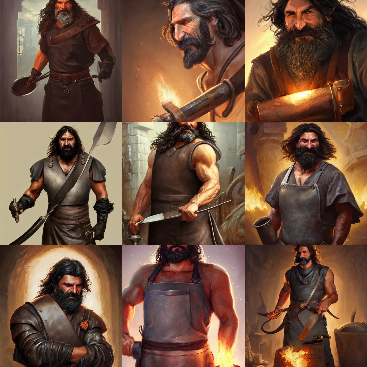 Image similar to hephaestus, sebastien chabal, blacksmith, leather apron, D&D, fantasy, portrait, highly detailed, digital painting, trending on artstation, concept art, sharp focus, illustration, art by artgerm and greg rutkowski and magali villeneuve