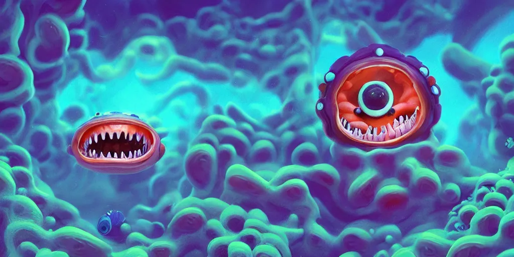 Image similar to of a colorful cloudy deep sea under water with strange cute friendly happy creatures with huge eyes, mouth, long tongue and round teeth appearing from sandy coral, in the style of gehry and gaudi, macro lens, shallow depth of field, highly detailed, digital painting, trending artstation, concept art, illustration, cinematic lighting, photorealism, epic, octane render