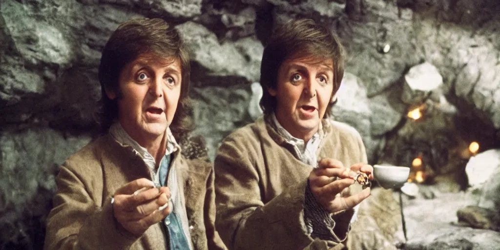 Image similar to A full color still of 30 year old Paul McCartney holding a small ring, dressed as a hobbit inside his house at night with firelight, directed by Stanley Kubrick, 35mm, 1970