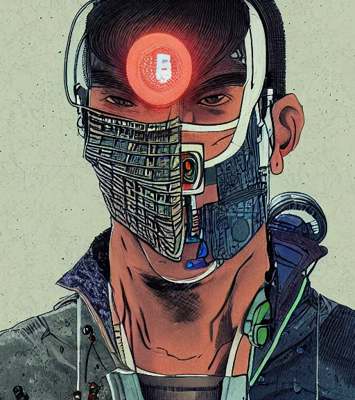 Image similar to a cyberpunk man with a patchwork face of various ethnicities, techwear, Industrial Scifi, detailed illustration, character portrait, by Martin Grip and Moebius