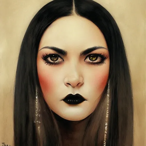 Image similar to a painting of mexican woman, with long dark hair, thick eyebrows, dark eyes and dark circles wide nose, big eyes, oval face, big cheeks holding her cat, photorealistic painting by tran nguyen ilya kuvshinov and greg rutkowski featured on deviantart, gothic art, goth, gothic, detailed painting