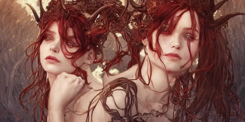 Image similar to posessed, sould demons a beautiful illustration of a witch with horns in head, young cindy crowford, redhead, intricate, sharp focus, illustration, highly detailed, digital painting, concept art, matte, art by wlop and artgerm and greg rutkowski and alphonse mucha, masterpiece