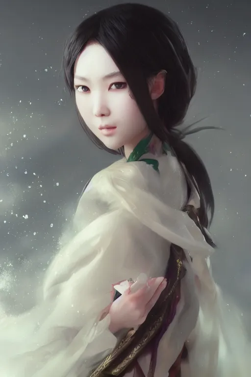 Image similar to portrait of a beautiful asian girl, anime, ruan jia, wlop, sha xi, fantasy, hyper detailed, octane render, concept art, ornaments, artstation