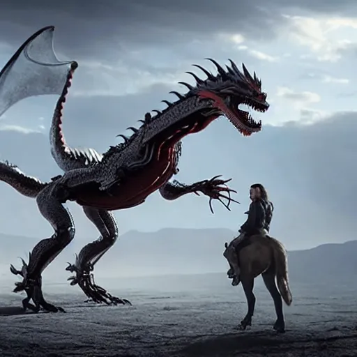 Image similar to cinematic still of westworld, intact si - fi robotic fantasy dragon, highly detailed