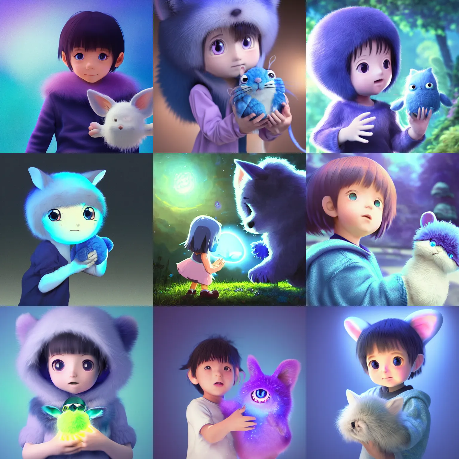 Prompt: ultra-realistic ultra-detailed adorable child holding a fluffy bioluminiscent creature in the style of ghibli kazuo oga, blue and purple fur, big ears, beautiful light big eyes, toy room, DOF, soft lighting, unreal engine render