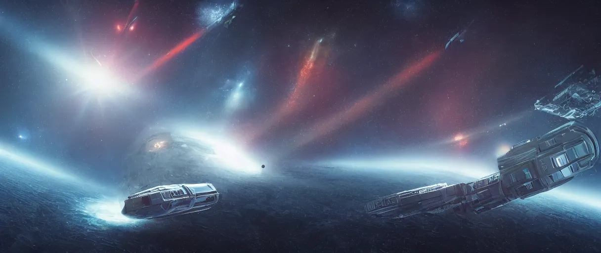 Prompt: illustration, a single small spaceship, deep space exploration, alone, the expanse tv series, industrial design, battlestar galactica tv series (2004), cinematic lighting, 4k, greebles, widescreen, wide angle, sharp and blocky shapes, hubble photography, the final frontier, beksinski, neon lights