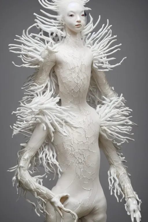 Image similar to full head and shoulders, realistic bjork porcelain ballerina sculpture, smooth, delicate facial features, white eyes, white lashes, detailed white, lots of 3 d gold chinese dragons anatomical, all white features on a white background, by daniel arsham and james jean