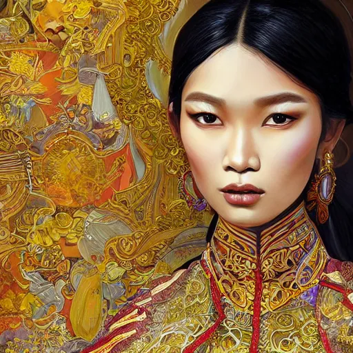 Image similar to portrait of an indonesian supermodels wearing traditional costume, highly detailed, digital painting, artstation, concept art, sharp focus, illustration, art by kittichai rueangchaichan and james gurney and alphonse mucha