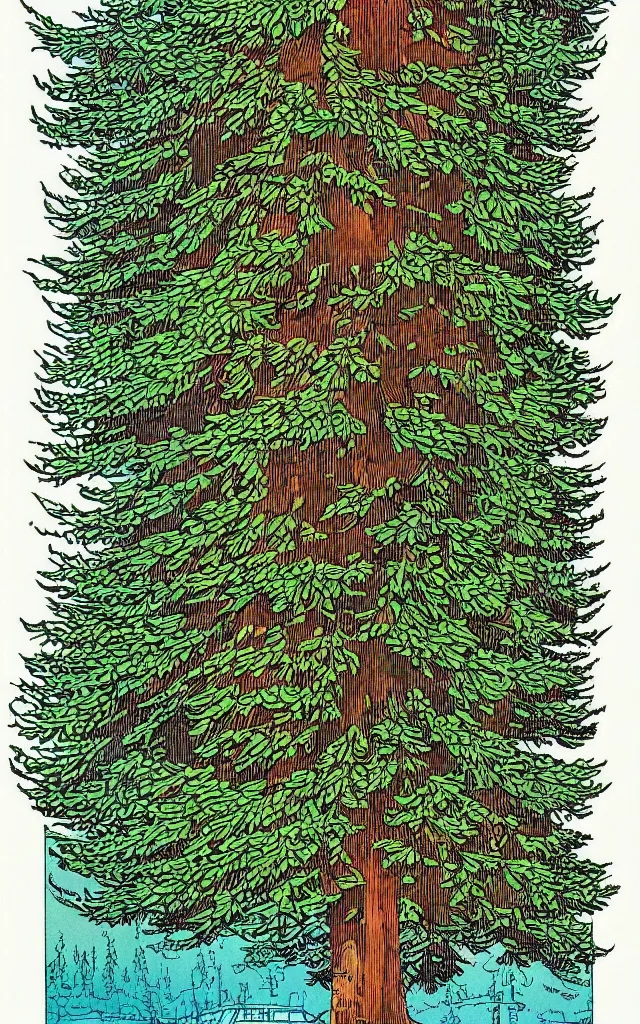 Prompt: conifer. retro art by jean giraud.