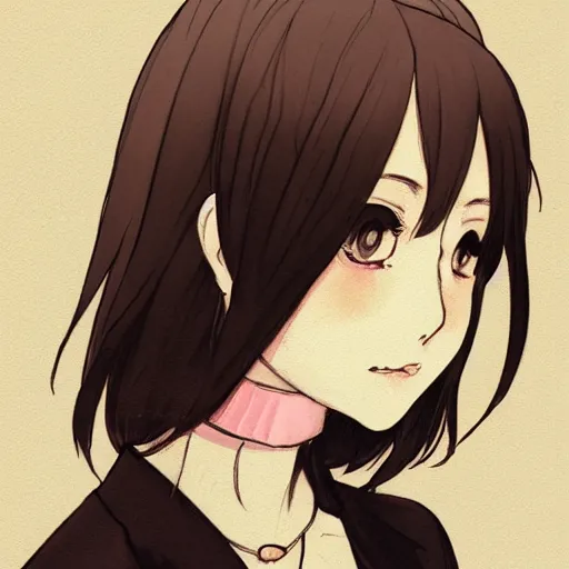 Image similar to portrait of a girl with short brown hair, wearing a white blouse and black choker, smoking a cigarette, drawn by WLOP, by Avetetsuya Studios, attractive character, colored sketch anime manga panel, unsaturated, dull colors, trending on Artstation