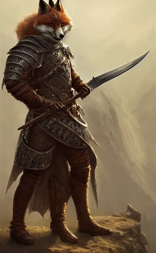 Prompt: d & d fantasy stocky fox warrior wearing leather armour, holding a scimitar and war pick, in a fantasy landscape, intricate, elegant, highly detailed, digital painting, artstation, concept art, matte, sharp focus, illustration, art by artgerm and greg rutkowski