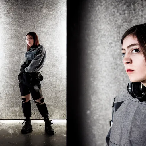 Prompt: photograph of a techwear mixed young woman inside a hidden busy speakeasy, closeup, brutalist design, sigma 85mm f/1.4, 4k, depth of field, high resolution, 4k, 8k, hd, full color