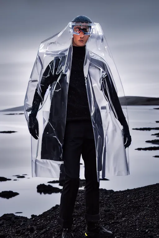 Image similar to an ultra high definition professional high fashion portrait studio full length photograph of a male model wearing a transparent pearlescent raincoat and neon visor in an icelandic black rock environment at dawn. no artefacts. extremely detailed. stark. refraction. shallow depth of field. volumetric light and shadow. ray tracing. light rays.