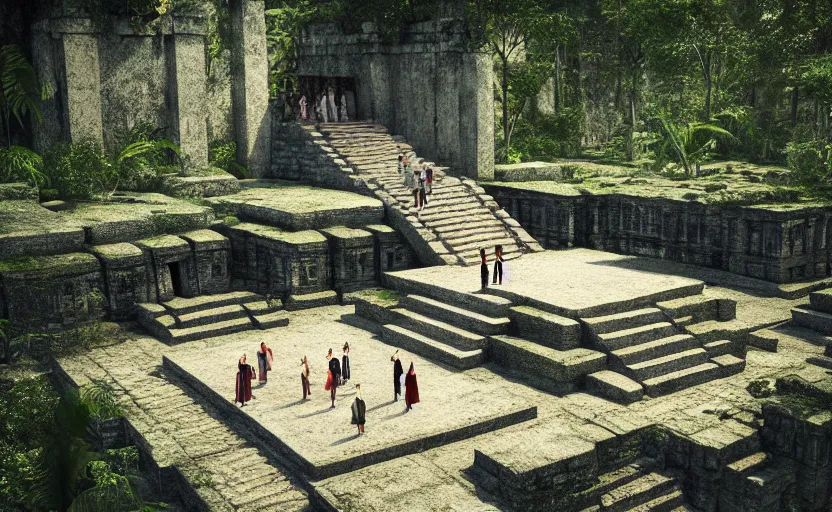 Image similar to Fashion Runway!, Catwalk!!, Platform in a Maya Temple in the Rainforest, Concept Art, Octane, Redshift, 4k